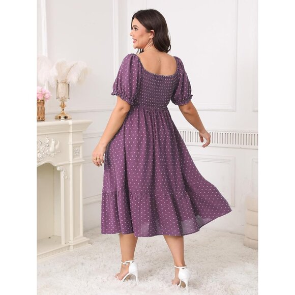 Plus Size Summer Dress Polish Dot Puff Short Sleeve Smocked Ruffle Casual Midi - Picture 6 of 6